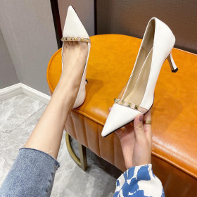 Pointed, shallow mouth, rivet, color matching, patent leather, thin high-heeled single shoes