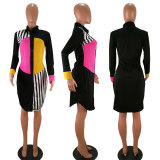 Stripe stitching, printing, shirt collar, single breasted, long sleeve dress