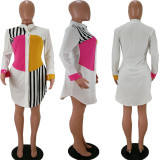 Stripe stitching, printing, shirt collar, single breasted, long sleeve dress