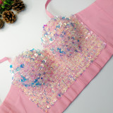 Colorful, glittering sequins, suspenders, nail beads, brassiere, chest wrap, off shoulder sleeveless vest