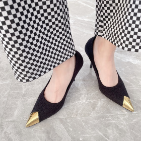 Pointed, shallow mouth, high-heeled single shoes, thin heel color matching women's shoes