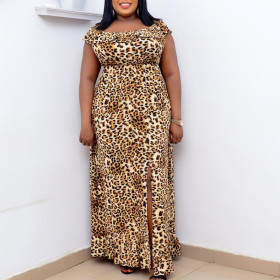 Long skirt, straight neck, leopard print, dress