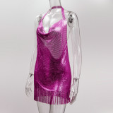 Solid color, suspender, metal Sequin, backless, temperament dress
