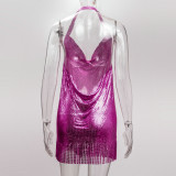 Solid color, suspender, metal Sequin, backless, temperament dress