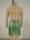 Solid color, metal, hanging neck, two-piece set, temperament, backless, dress