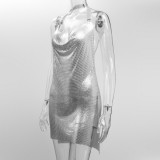Backless, tether, sling, deep V, metal dress