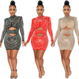 Nightclub, hot drill, mesh, perspective, long sleeve, hollowed out, dress