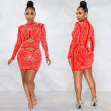 Nightclub, hot drill, mesh, perspective, long sleeve, hollowed out, dress