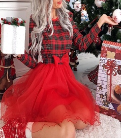 Red plaid, waist closing, mesh, splicing, Christmas Dress