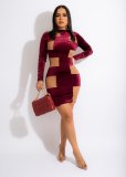 Slim fitting, Korean velvet, stitching, mesh, dress