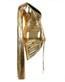 Gold, bandage, one shoulder dress
