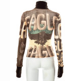 Printed, high collar, pullover, long sleeve, mesh, casual coat