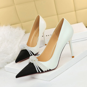 Banquet, high heels, thin heels, high heels, shallow mouth, pointed head, pearl, bow single shoes