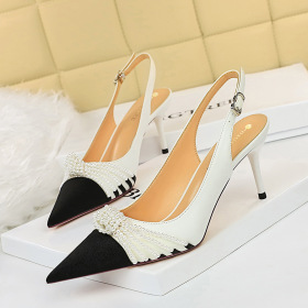 High heels, thin heels, high heels, color matching, shallow mouth, pointed pearl, bow single shoes
