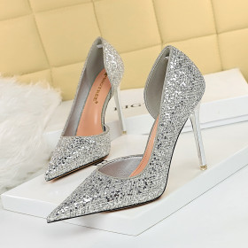 High heels, thin heels, shallow mouth, pointed end, side hollowed out, Sequin single shoes