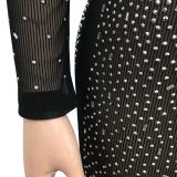 Hot drill, mesh, perspective, long sleeve, split, long skirt, dress