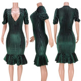 V-neck, bubble sleeve, dress, lantern, fishtail, one-step dress