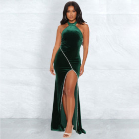 Off shoulder, tight fitting, dress, flannelette, hanging neck, diamond trim, split evening dress, long dress