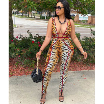 Tight, printed, tiger print, hollowed out, sleeveless Jumpsuit