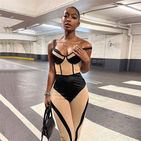 Mesh, perspective, color contrast, splicing, high waist, tight, suspender, Jumpsuit
