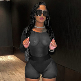 Mesh, tight, one-piece, high waist, hip wrapped shorts, suit
