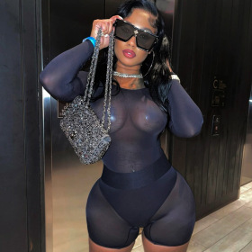 Mesh, tight, one-piece, high waist, hip wrapped shorts, suit