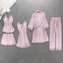 Lace silk, Princess suspender, pajama robe, five piece suit, home clothes with breast pad
