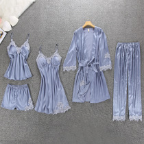 Lace silk, Princess suspender, pajama robe, five piece suit, home clothes with breast pad