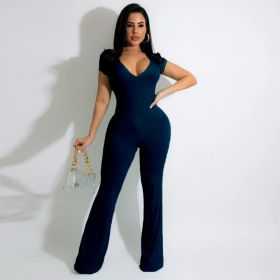 Solid color, flared pants, short sleeves, Jumpsuit
