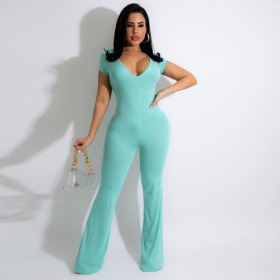 Solid color, flared pants, short sleeves, Jumpsuit