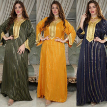 Middle East, Dubai, Muslim, polyester cotton, stripe bronzing, lace diamond, evening dress