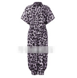 Leopard print, jumpsuit, retro, short sleeve, button, casual pants, loose, large