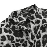 Leopard print, jumpsuit, retro, short sleeve, button, casual pants, loose, large