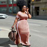 Solid color, stripe, dress, round neck, short sleeve, color matching dress
