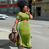Solid color, stripe, dress, round neck, short sleeve, color matching dress