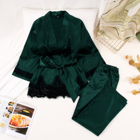 Satin, long sleeved, cardigan, lace up Nightgown set