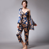 Ice silk, silk, pajamas, Dragon Robe printing, home clothes three piece suit