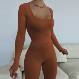 Solid color, long sleeved, one-piece, high waist, tight fitting, long pants suit
