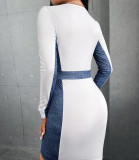 Blue and white stitching, zipper, waist closing, long sleeved tight skirt