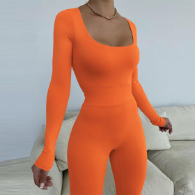 Solid color, long sleeved, one-piece, high waist, tight fitting, long pants suit