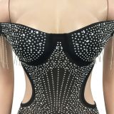 Hot drill, mesh, perspective, tassel, breast wrapping, hollow dress