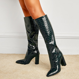 Pointed head, thick heel, knee high boots, one foot pedal