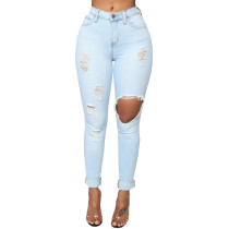 Elastic, high waist, denim washed, hole tight pants
