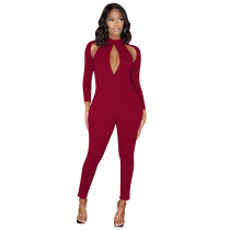 Solid color, long sleeved, hip lifting, hollowed out Jumpsuit