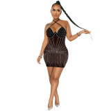 Fashion, sexy, suspender, breast wrap, hot drill, mesh, perspective, middle skirt, dress
