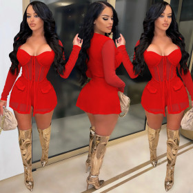 Fashion, solid color, mesh, perspective, chest wrapping, long sleeves, shorts, two-piece set