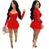 Fashion, solid color, mesh, perspective, chest wrapping, long sleeves, shorts, two-piece set