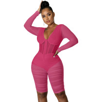 Fashion, mesh, splicing, pleating, breast wrapping, sexy, casual, Jumpsuit