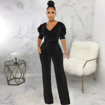 Sexy, fashionable, V-neck, high elasticity, gold and silver silk, Jumpsuit