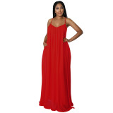 Solid color, casual, backless, suspender, dress